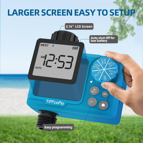Tiffcofio sprinkler timer outdoor knob dial enables quick programming for gardens.