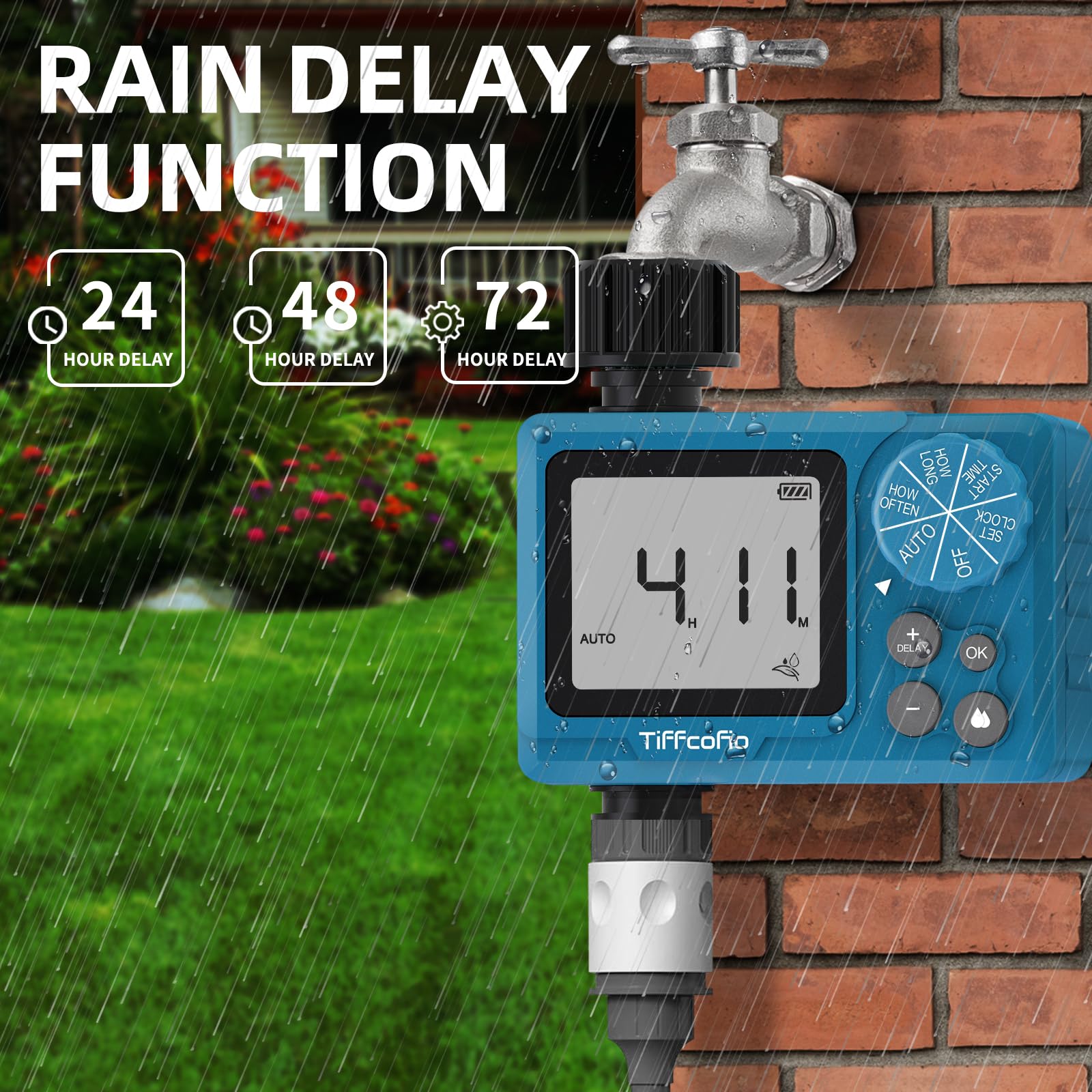 Tiffcofio sprinkler timer outdoor manual mode offers on-demand watering control.