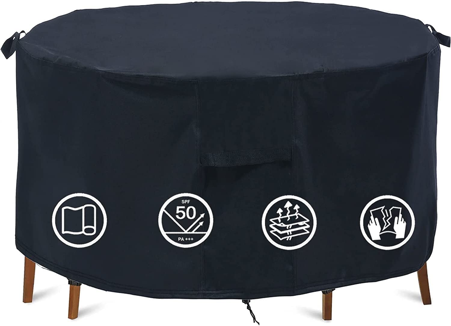 TIFILE round patio cover shields a 74-inch table from sun and rain.