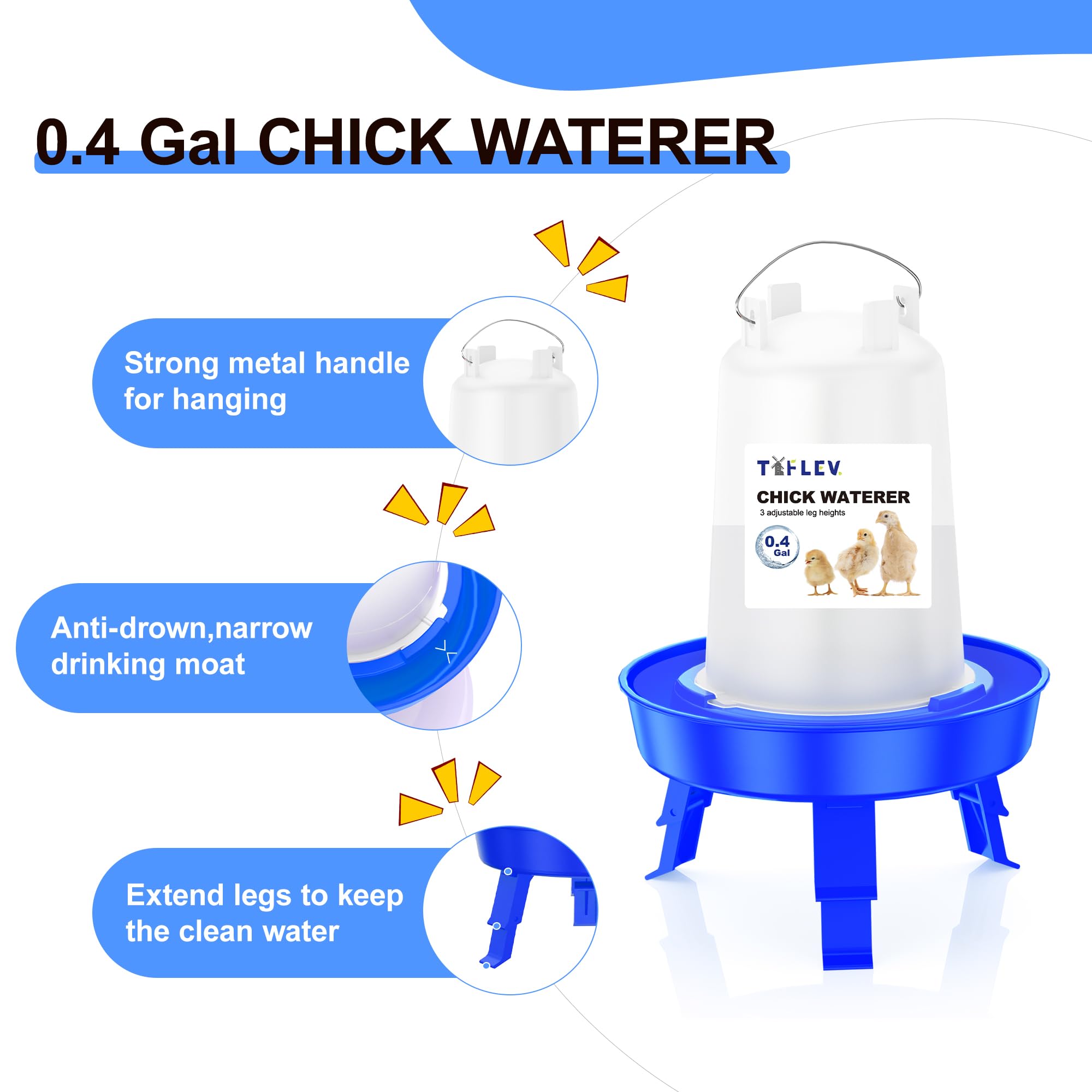 Tiflev baby chick waterer side view highlighting stable base and reduced spill risk.
