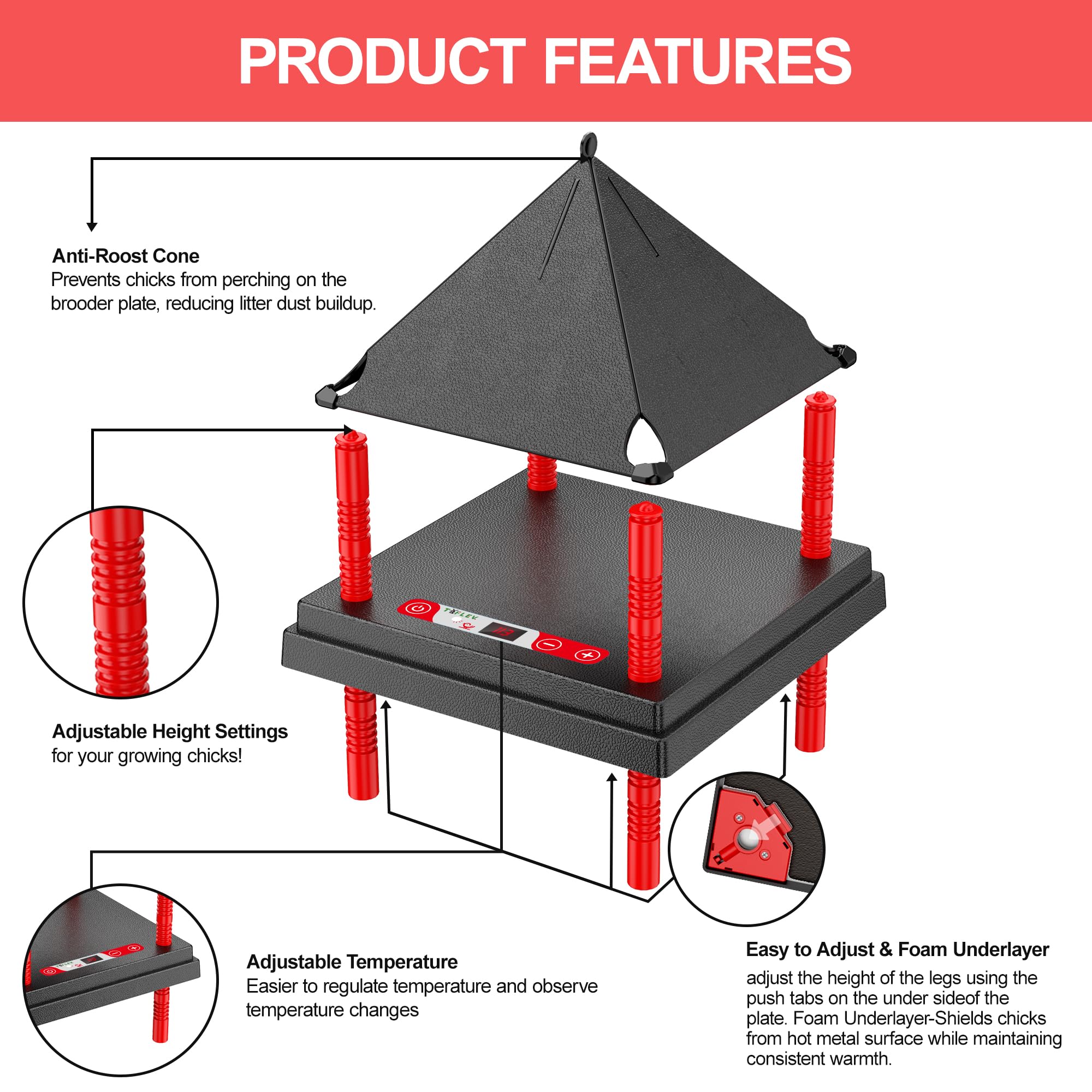 Tiflev brooder plate adjustable height for growing chicks and stable warmth.