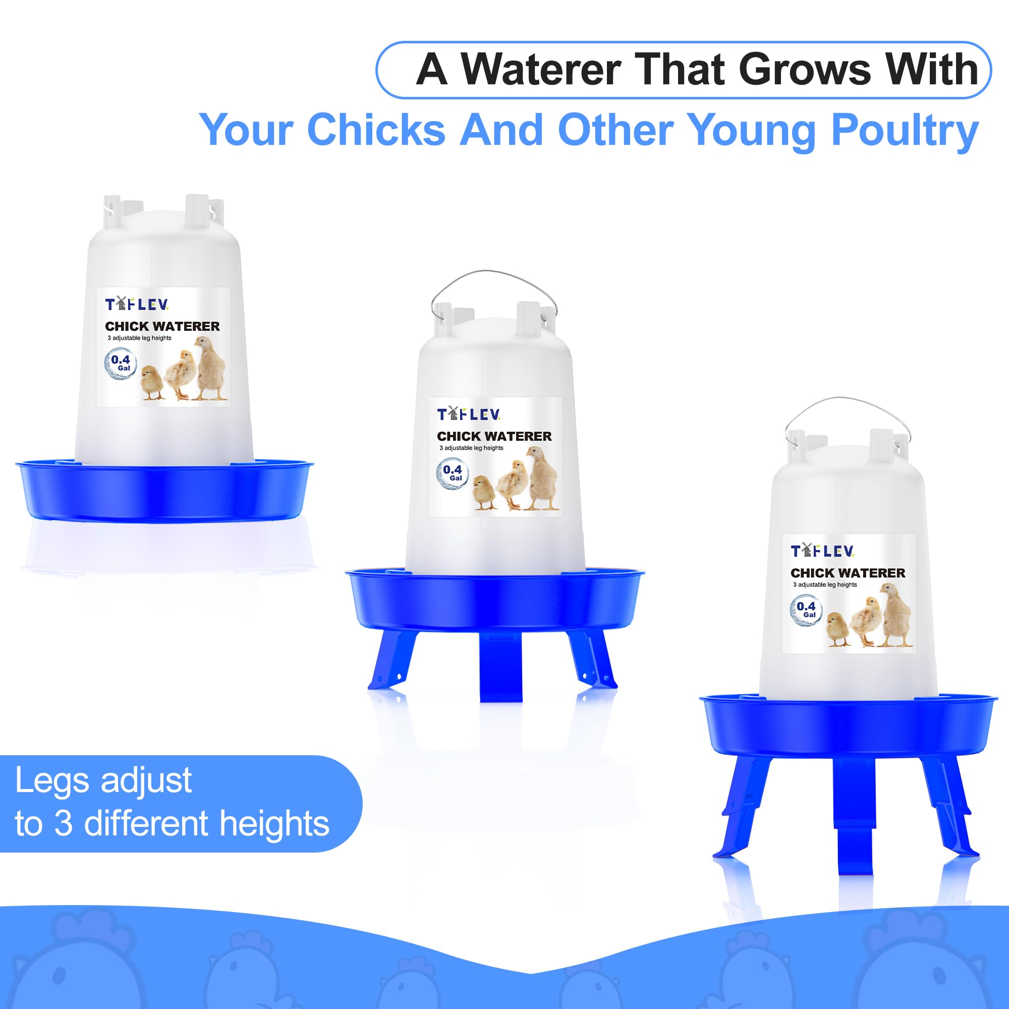 Tiflev chick waterer safety design features a shallow trough.