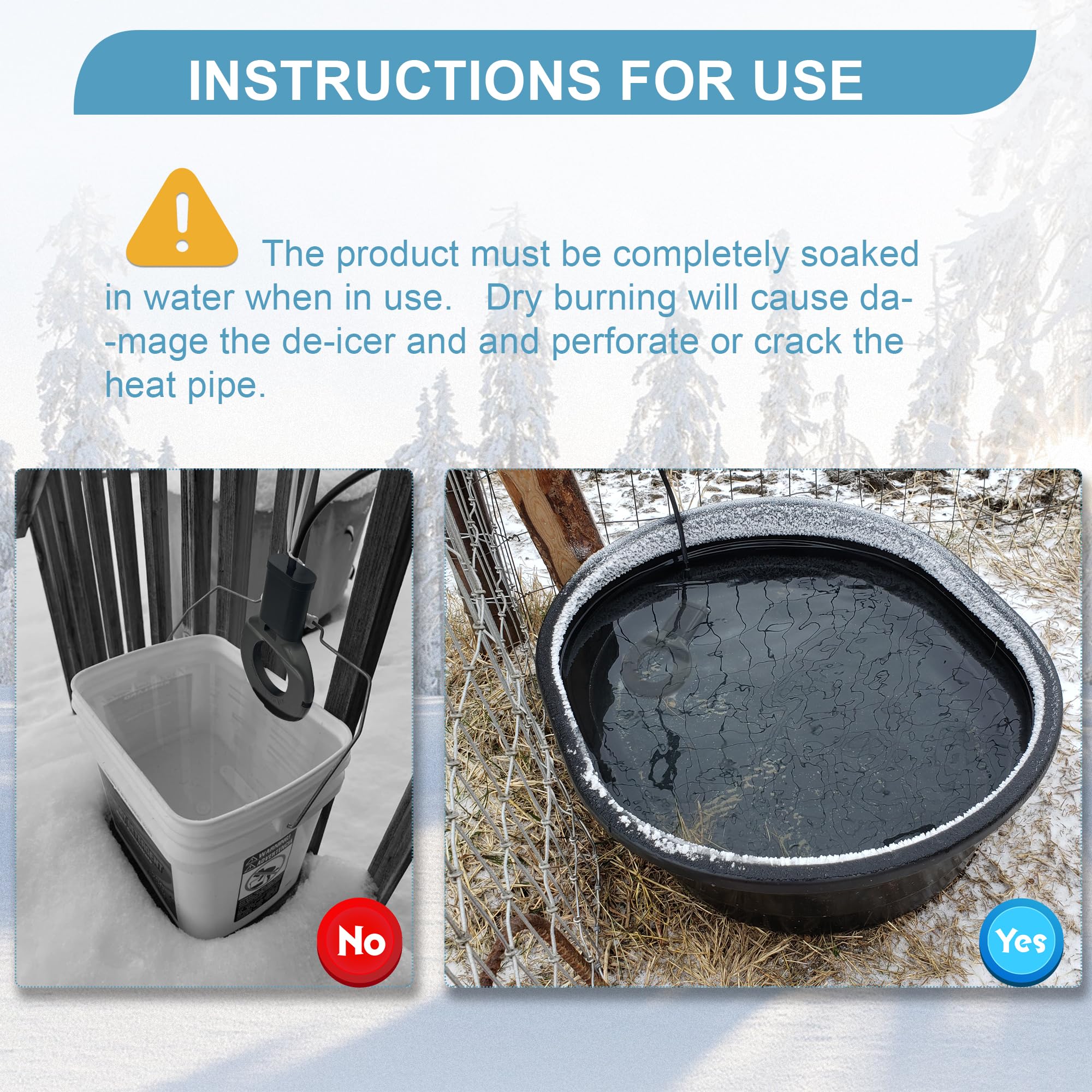 Tiflev de-icer keeping water unfrozen in a poultry waterer during frost.