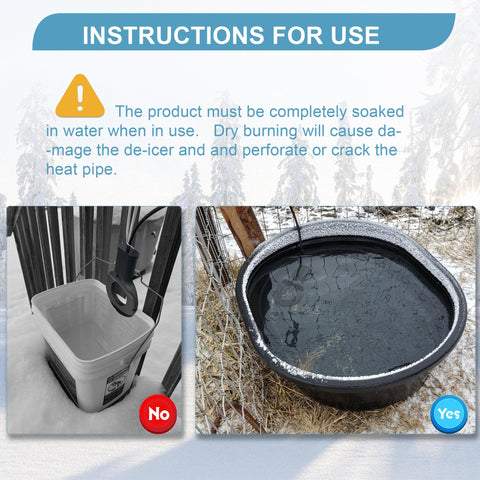 Tiflev de-icer keeping water unfrozen in a poultry waterer during frost.