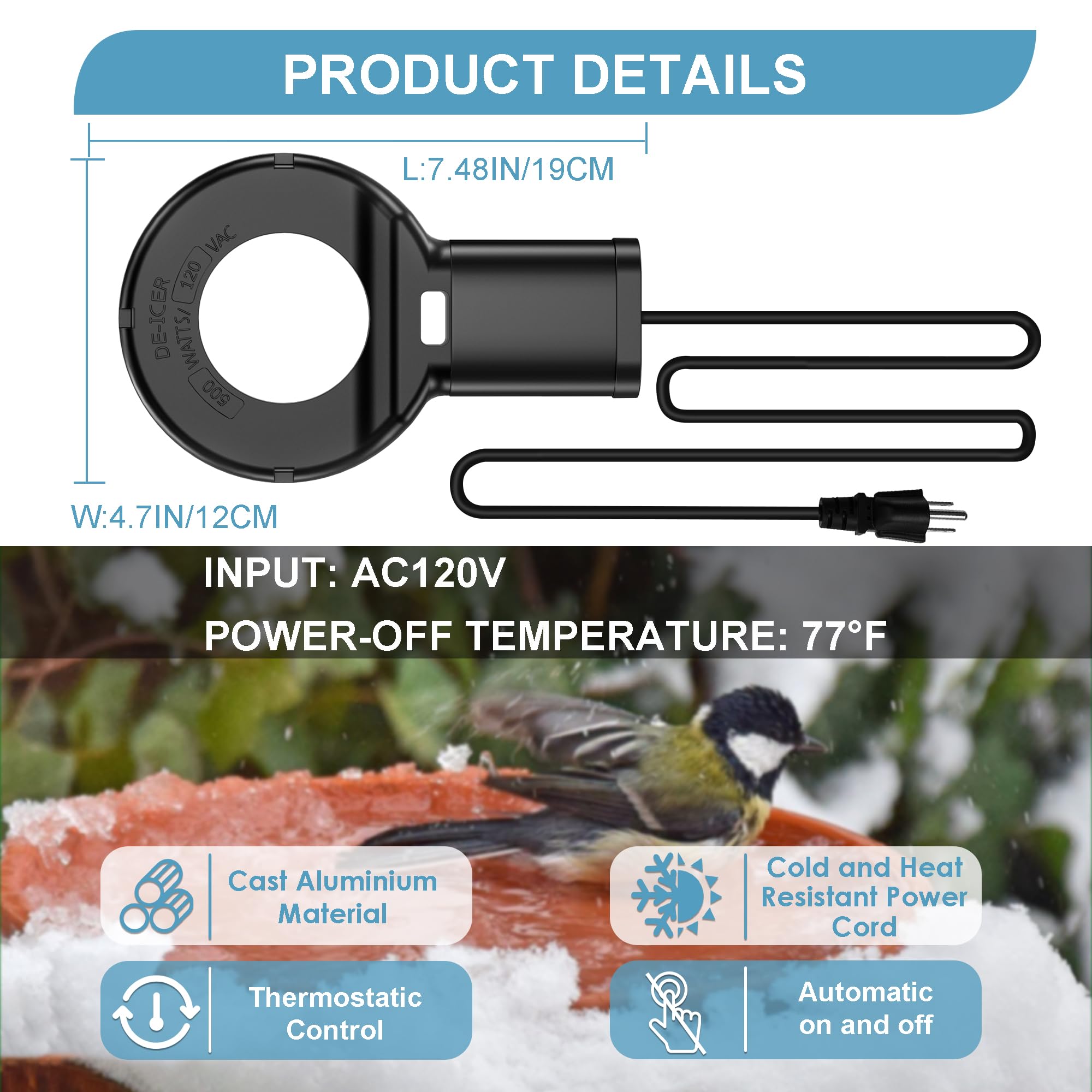 Tiflev water heater in bird bath or livestock trough for unfrozen water.