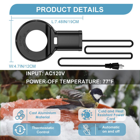 Tiflev water heater in bird bath or livestock trough for unfrozen water.