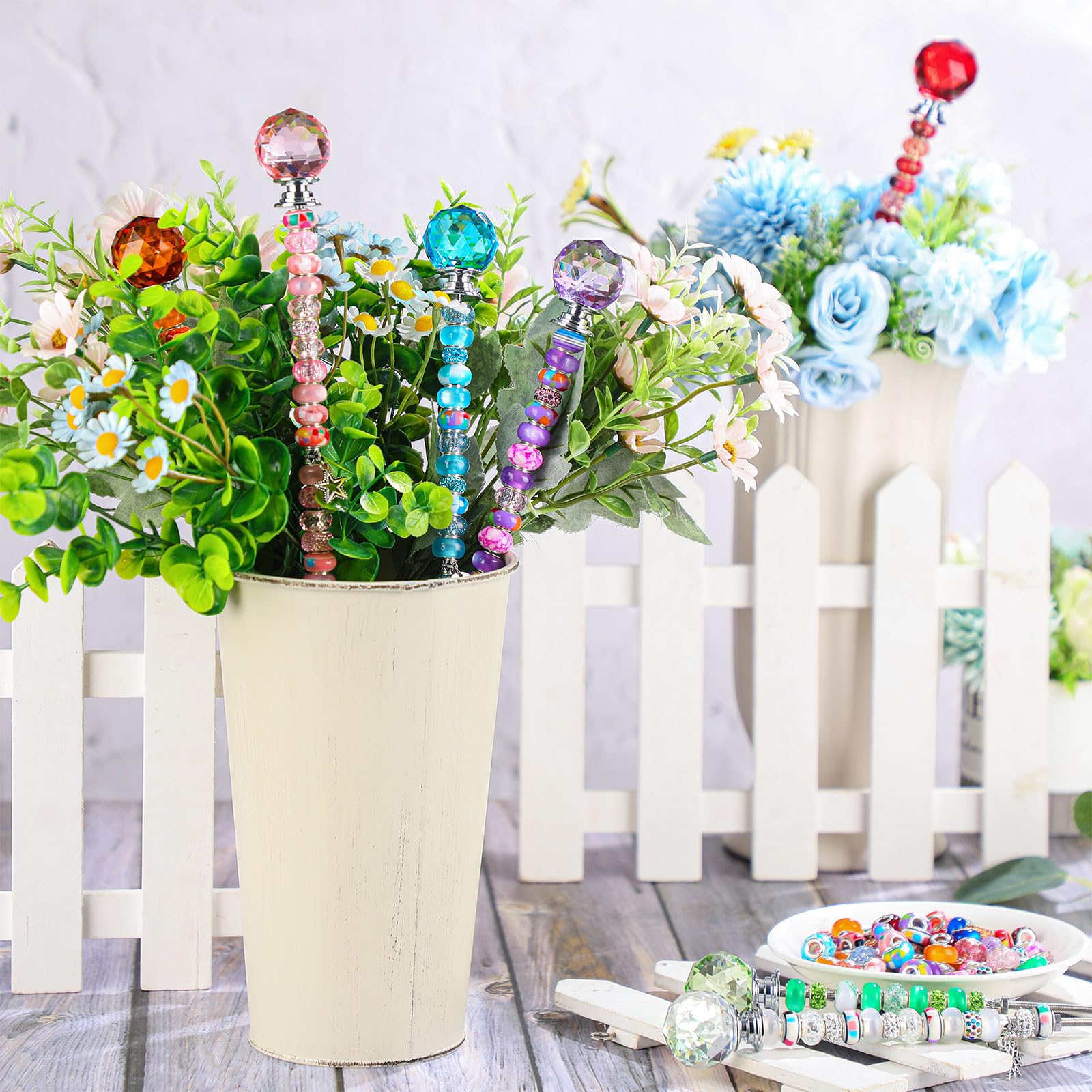 Tigeen colorful diamond tops add shimmering accents to beaded stakes