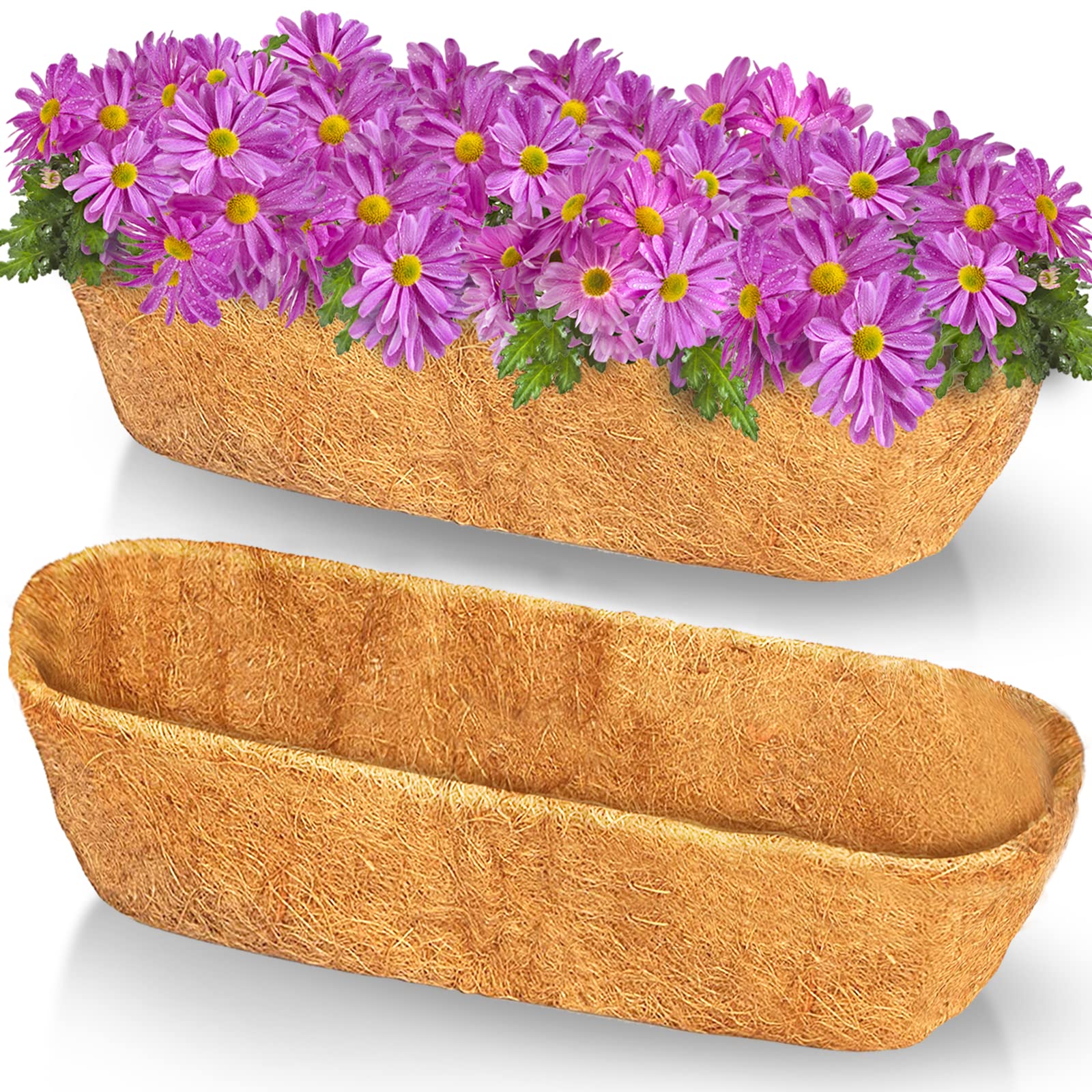 TigeJoy 24in coconut coir liner in a front basket view showing moisture regulation benefits.
