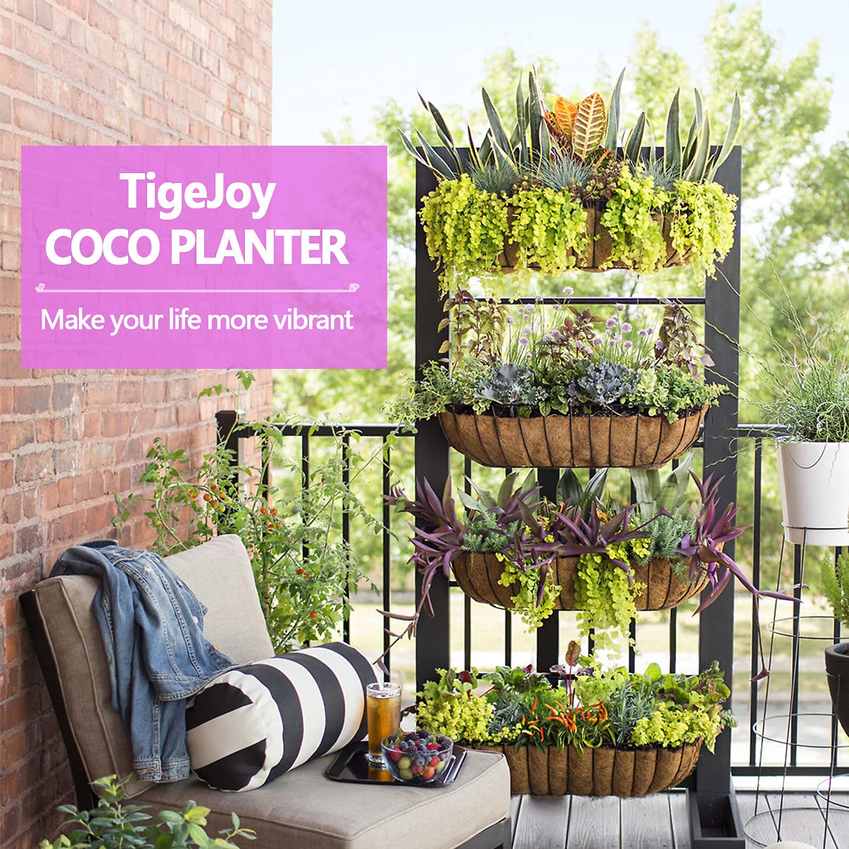 TigeJoy durable coconut fiber liner emphasizes long-lasting planter performance.