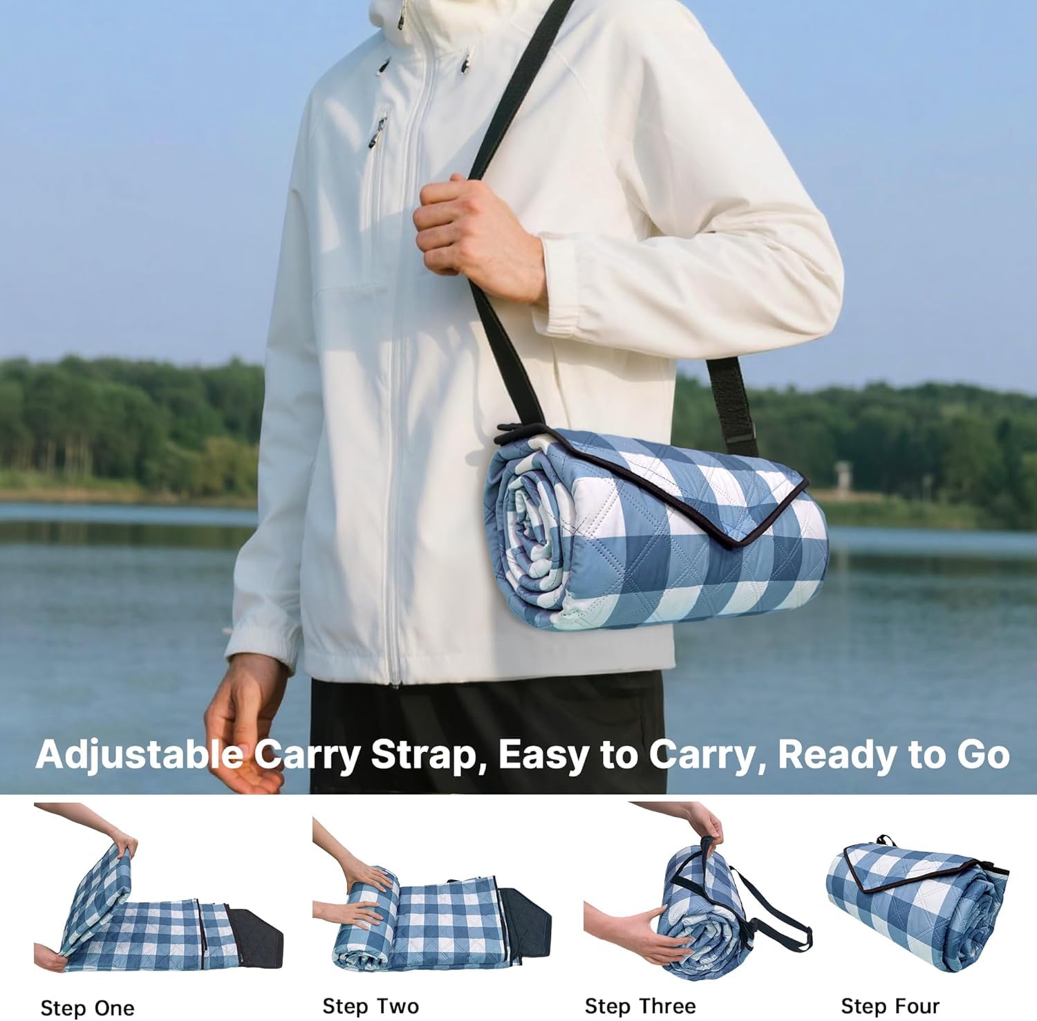 TigeJoy extra large picnic blanket folded for easy transport.