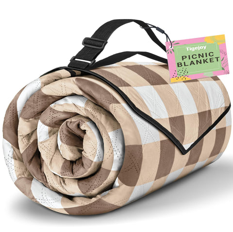 TigeJoy extra-large picnic blanket folded for quick transport and storage.