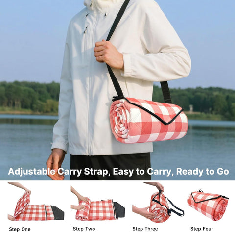 Folded TigeJoy blanket with V-shaped Velcro strap for quick packing.