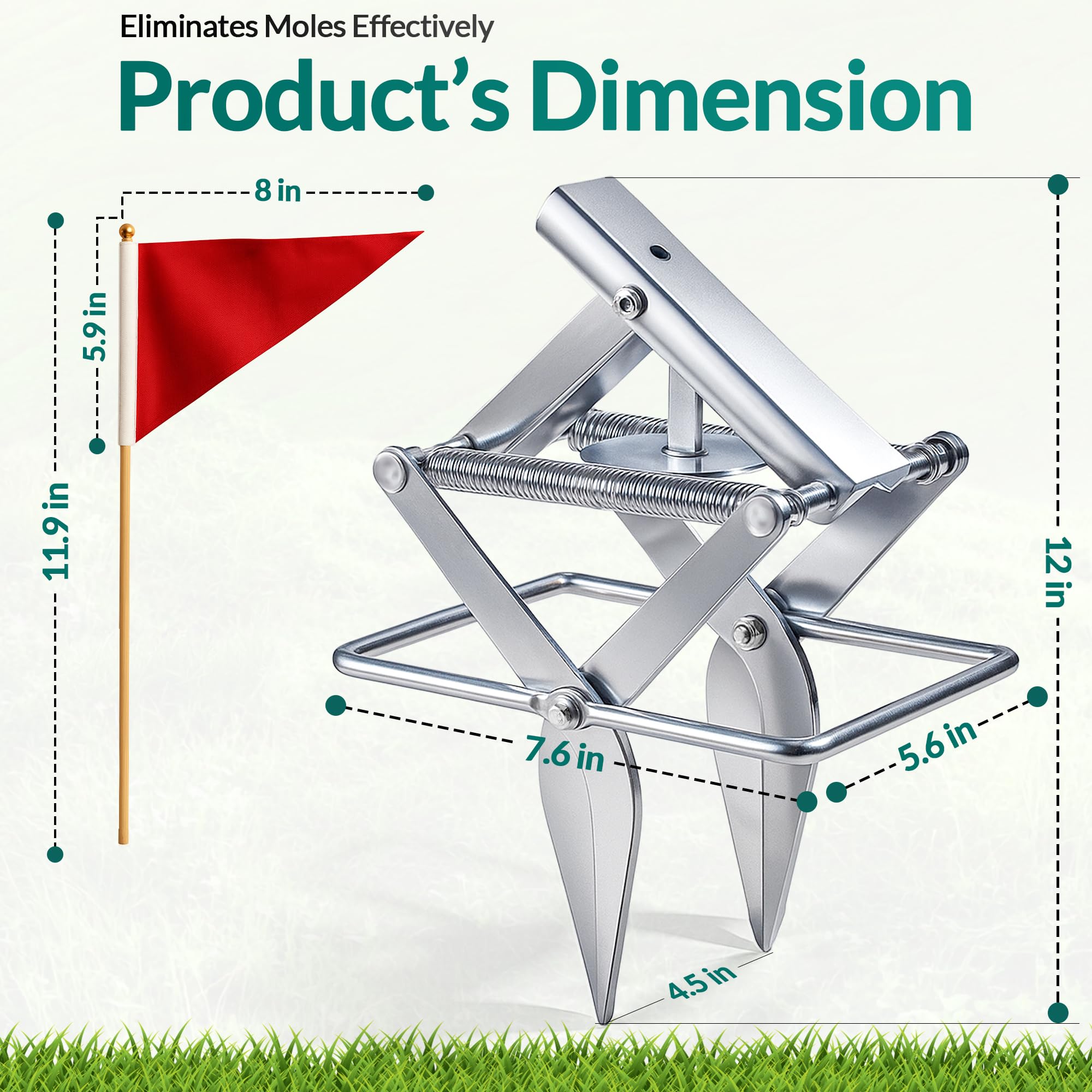 TIGERSWAG mole trap setup diagram shows easy foot-press activation.