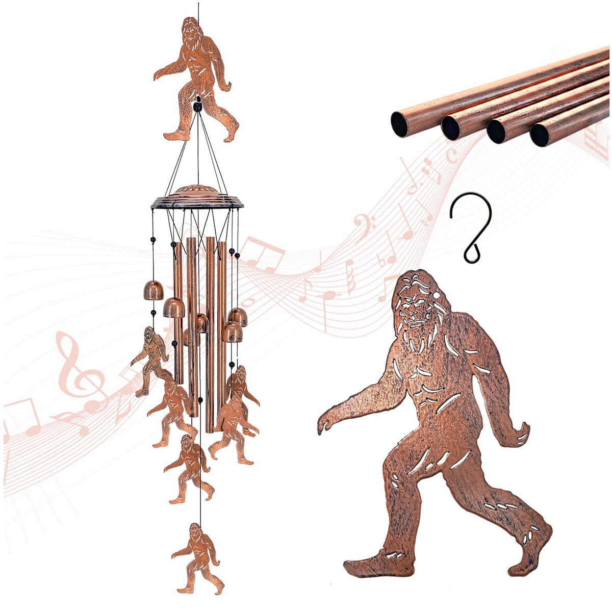 TIGGSY Bigfoot wind chime front view for outdoor gardens and porches.