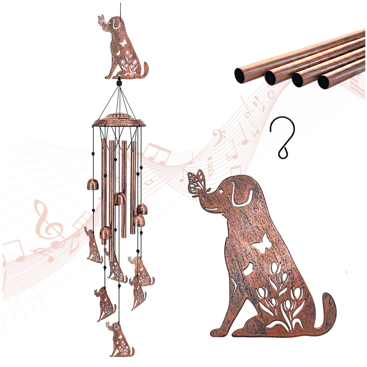 TIGGSY Dog Wind Chime with a large central dog figure adds outdoor charm