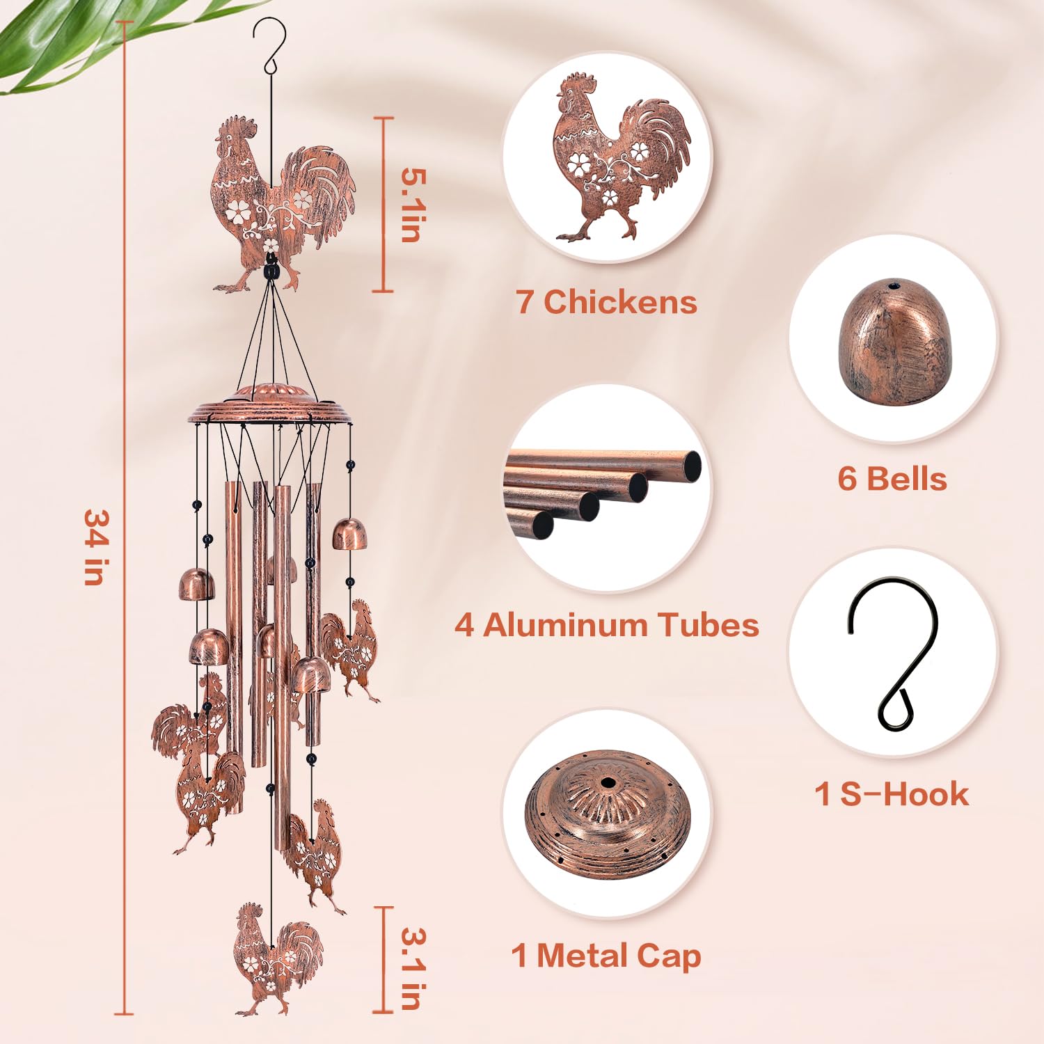 TIGGSY rooster wind chime hanging from a porch.