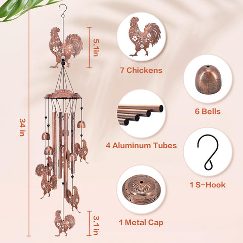 TIGGSY rooster wind chime hanging from a porch.