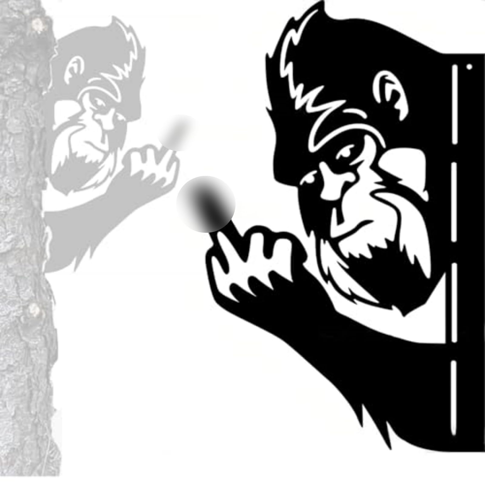 Tiinasol peaking Boo Bigfoot metal sign features animals peeking around a corner, outdoor whimsy.