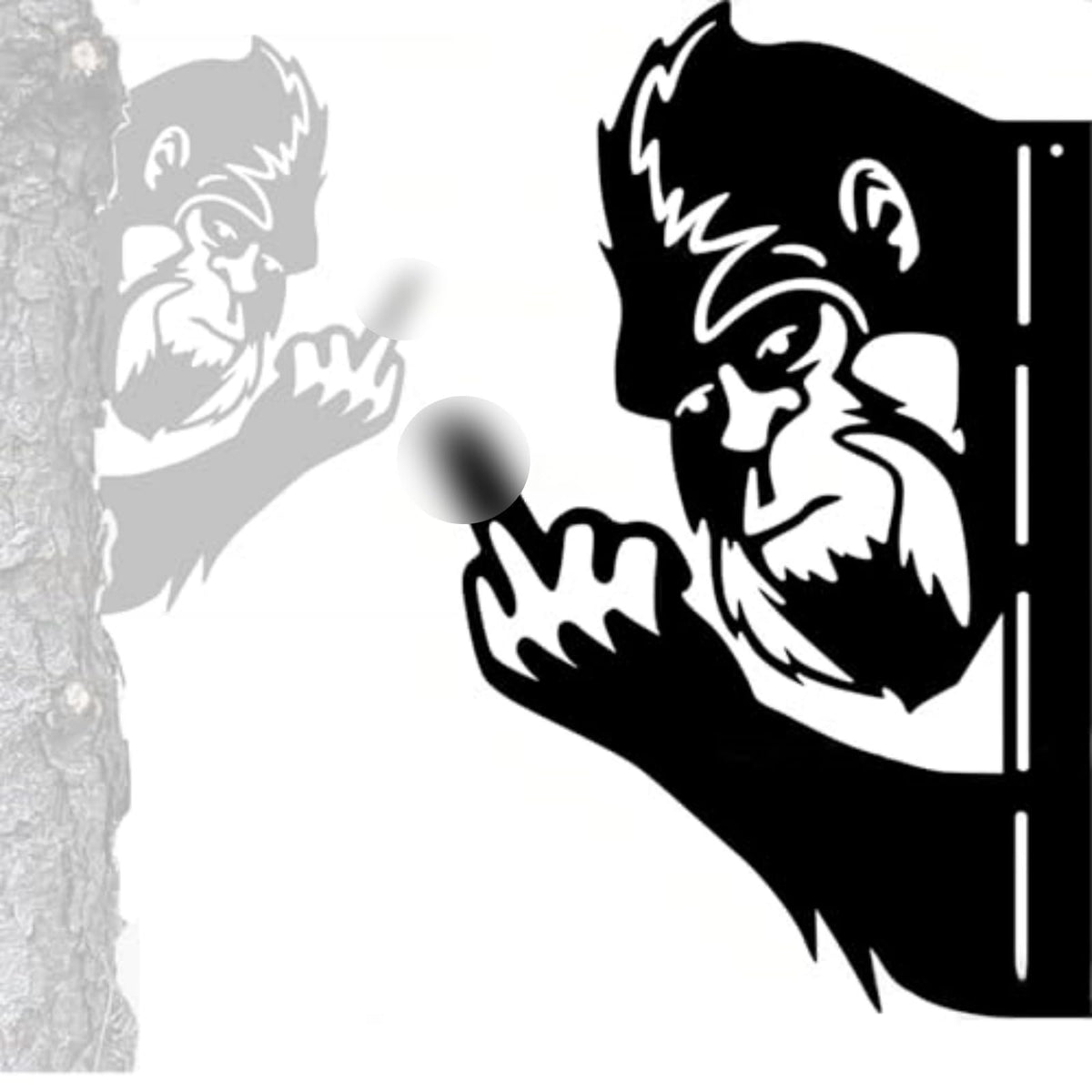 Tiinasol peaking Boo Bigfoot metal sign features animals peeking around a corner, outdoor whimsy.