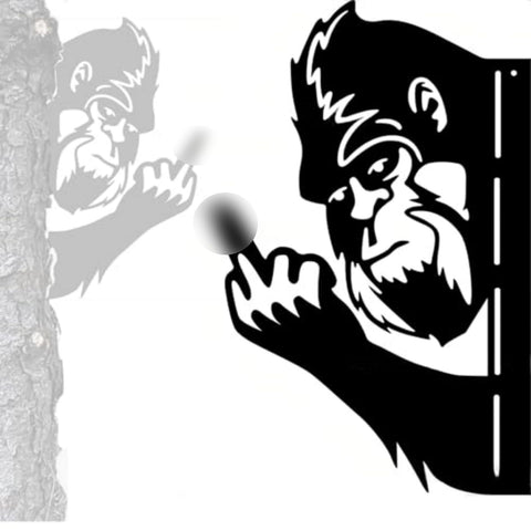 Tiinasol peaking Boo Bigfoot metal sign features animals peeking around a corner, outdoor whimsy.