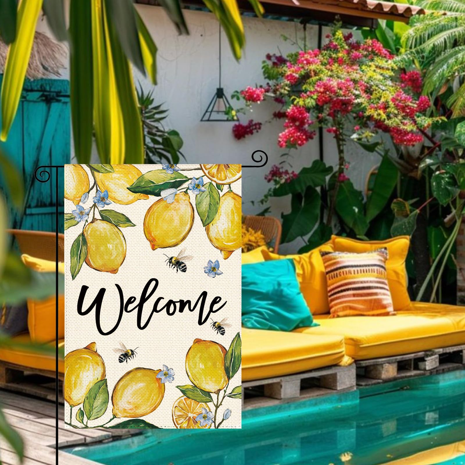 Tikeciti Lemon Welcome flag bees detail adds whimsical garden allure