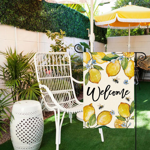 Lemon welcome flag burlap texture evokes rustic farmhouse style