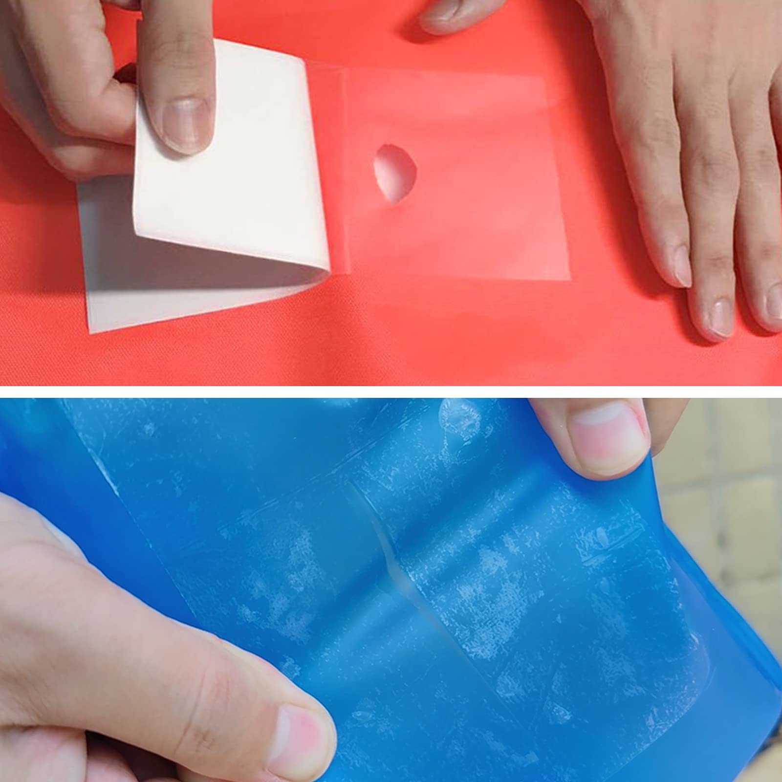 Tikfoam patch applied on air mattress demonstrating flexible repair for resting surfaces.