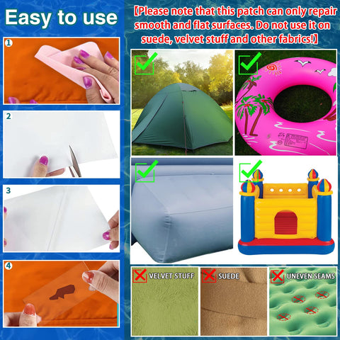 Tikfoam patch applied on bounce-house seam illustrating repair on flat surfaces.