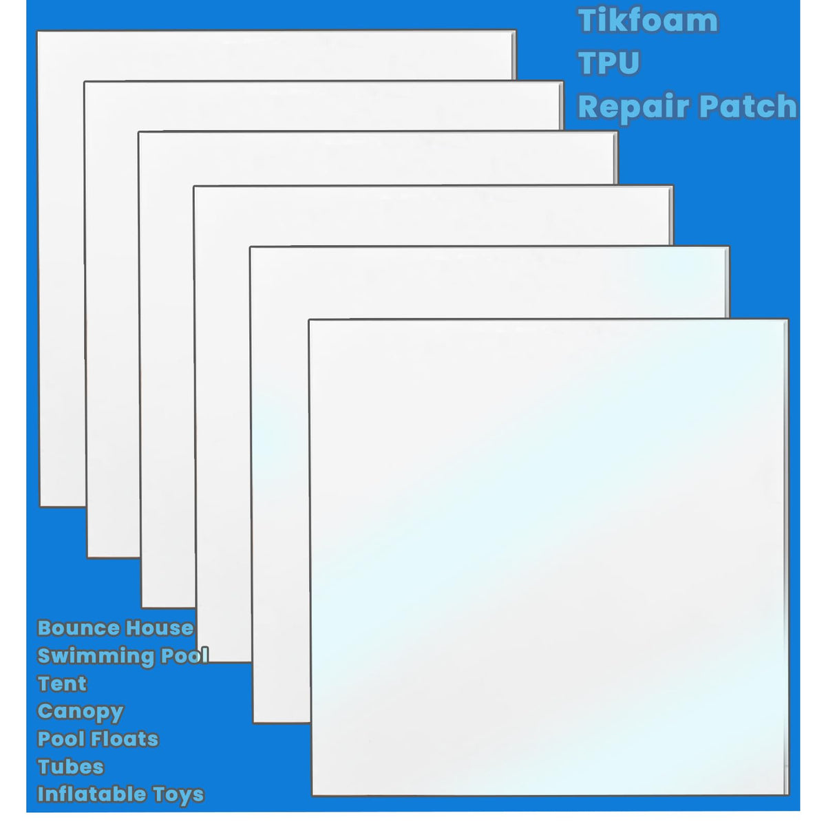 Tikfoam TPU patch kit in use with 3.5-inch patches for quick inflatable repairs.