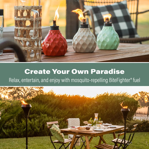 TIKI torches glow cleaner with smokeless low-soot fuel on the patio