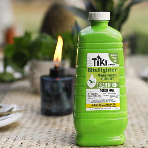 Plant-based formula label on TIKI Clean Burn fuel bottle