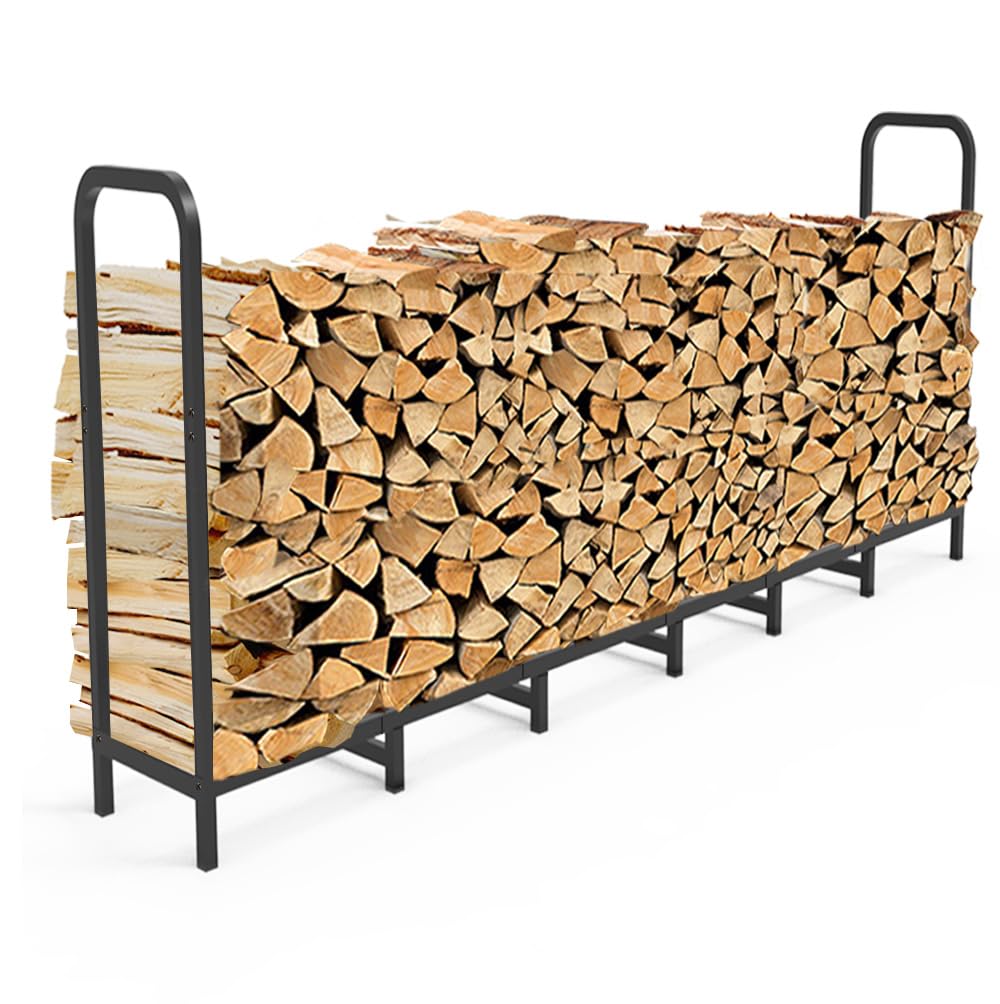 Tikimilor 8ft firewood rack holder with sturdy steel frame ensuring stable outdoor storage.