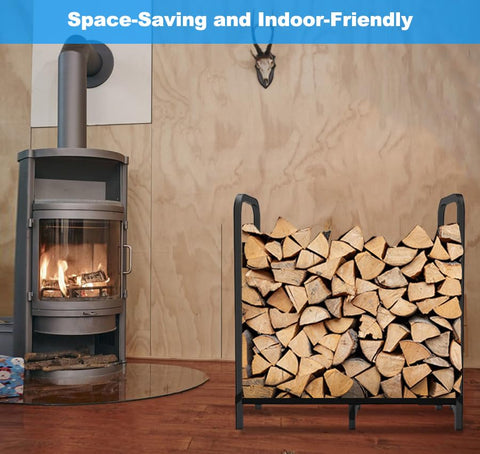 Tikimilor firewood rack side view showing elevated design for dryness.