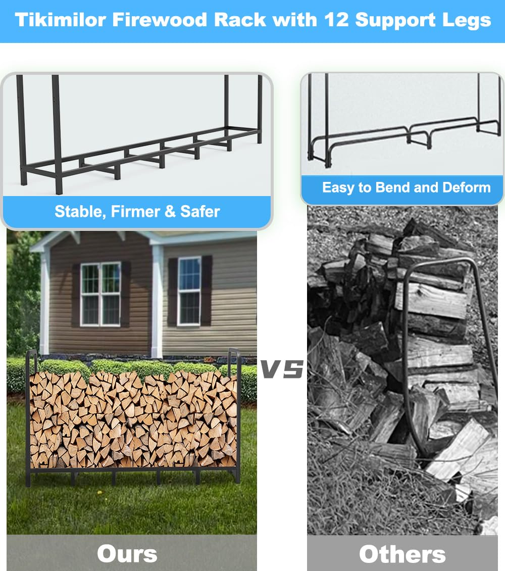 Tikimilor firewood rack outdoor indoor use suits patios, garages, and sheds.