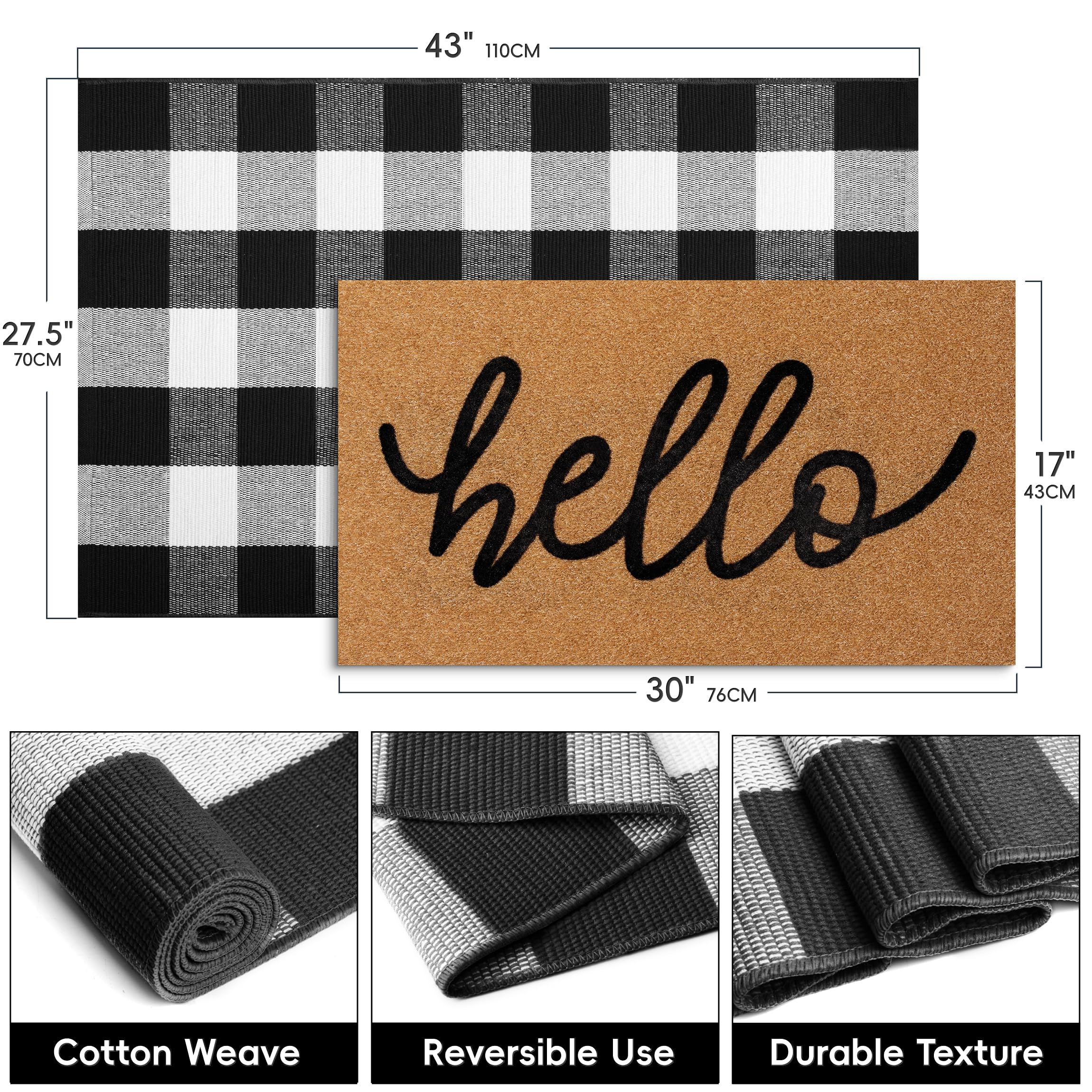 TIKIRUGI buffalo-check porch rug pairs with the hello mat for classic farmhouse charm.