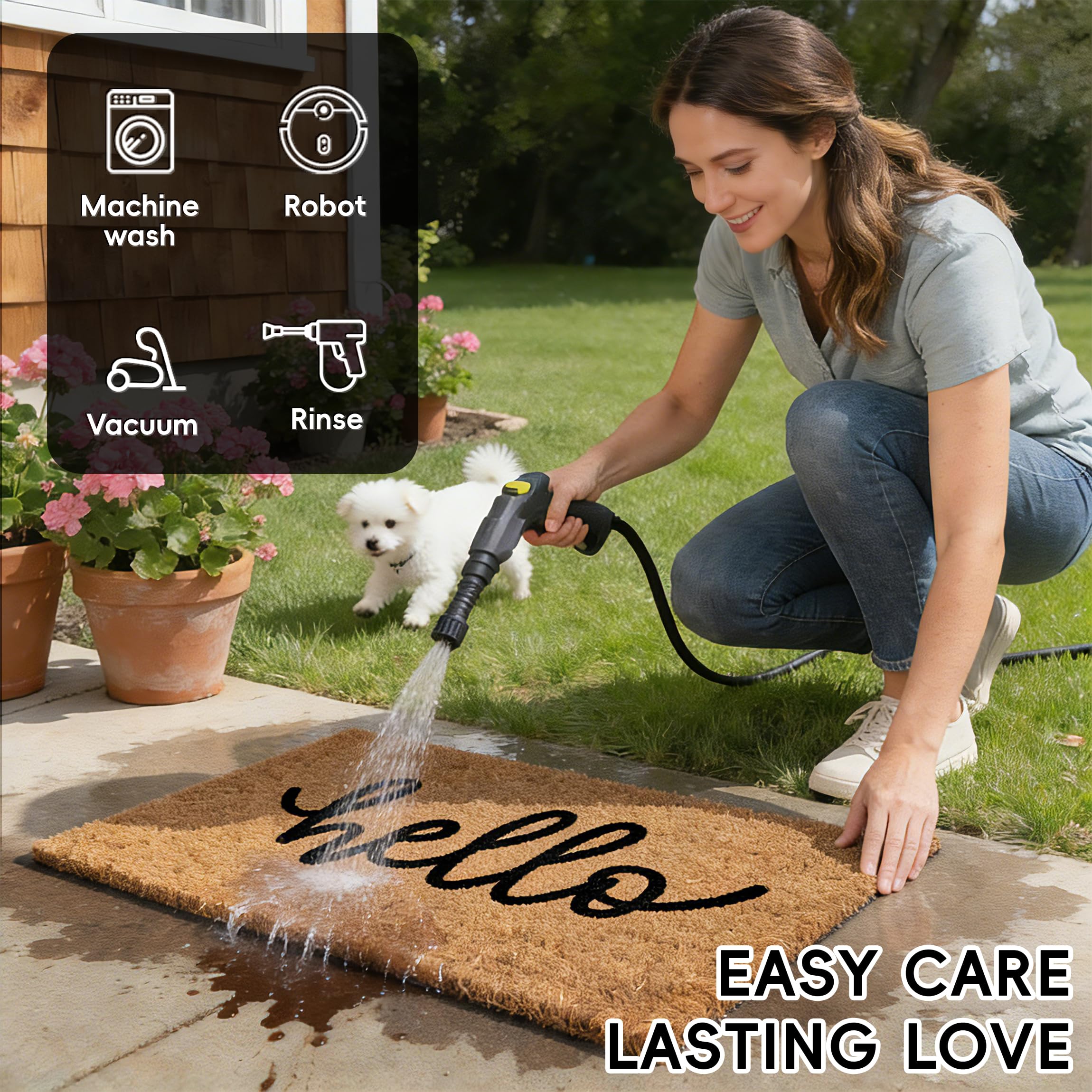 TIKIRUGI easy-clean outdoor doormat cleans by shake, vacuum, or rinse.