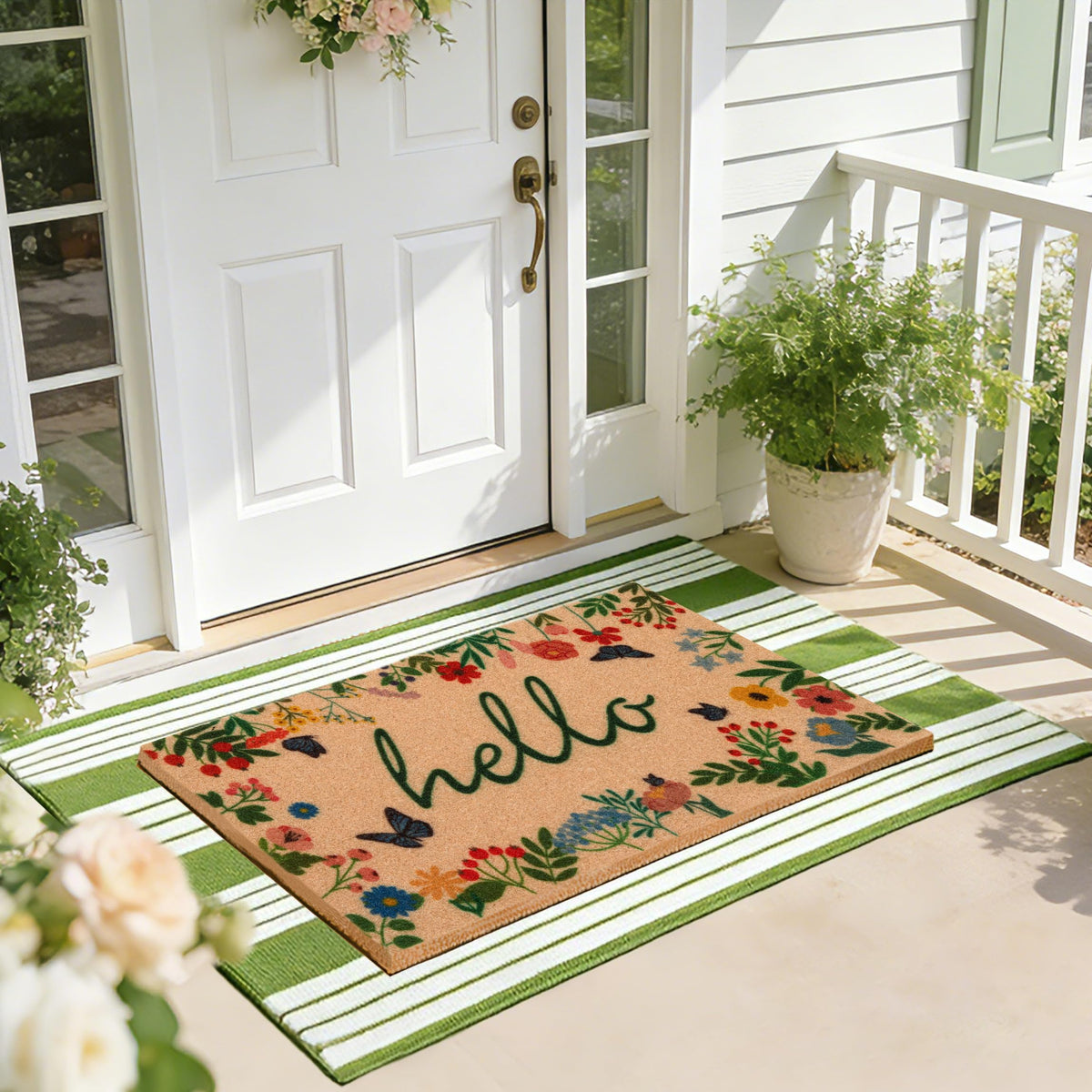TIKIRUGI floral welcome mat with spring blooms for inviting entry.