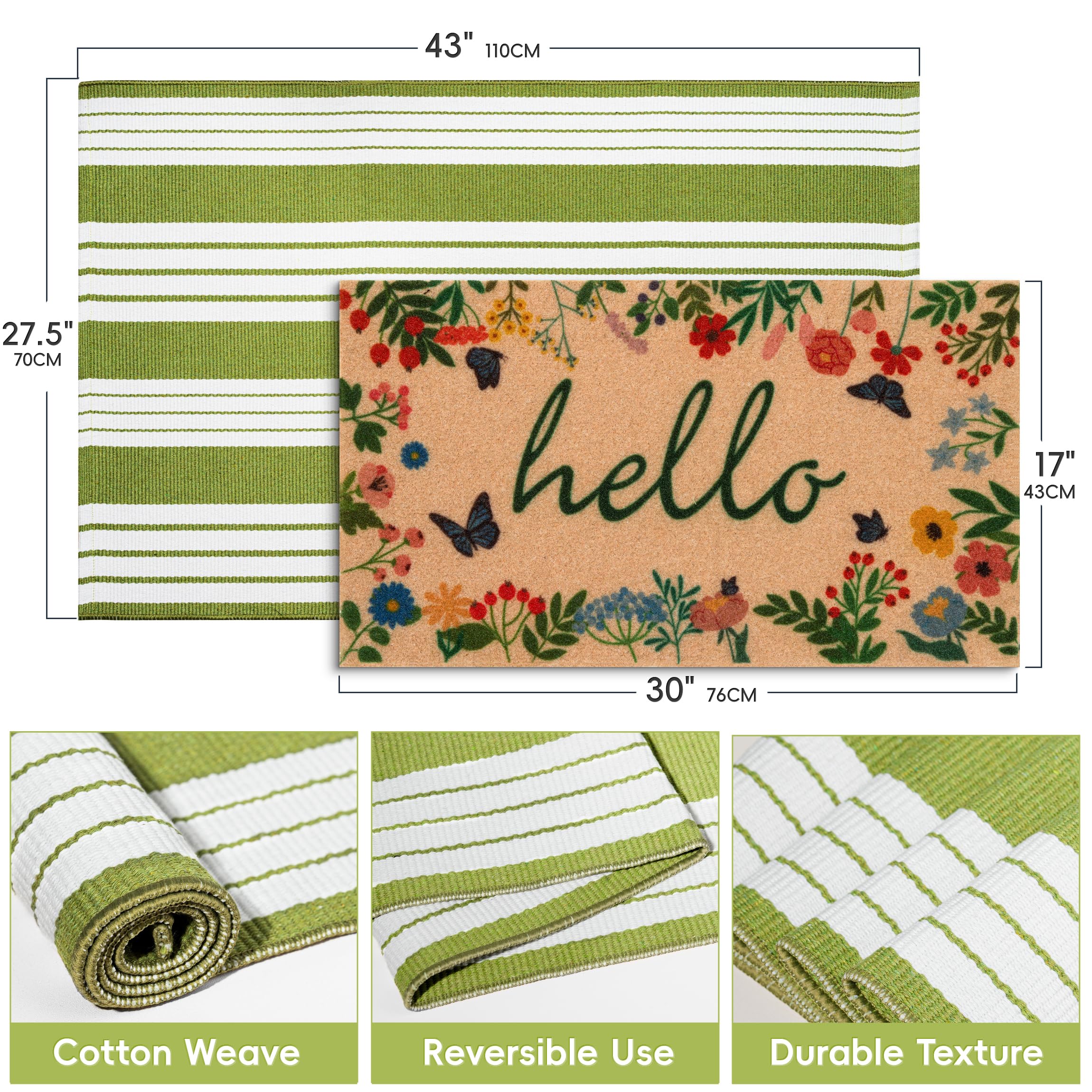 TIKIRUGI green-white striped welcome mat for a fresh porch entry.