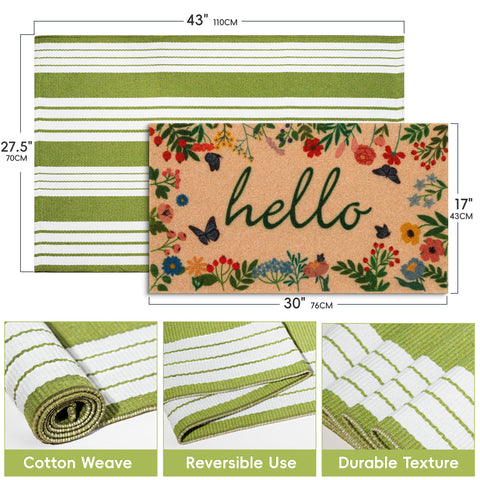 TIKIRUGI green-white striped welcome mat for a fresh porch entry.