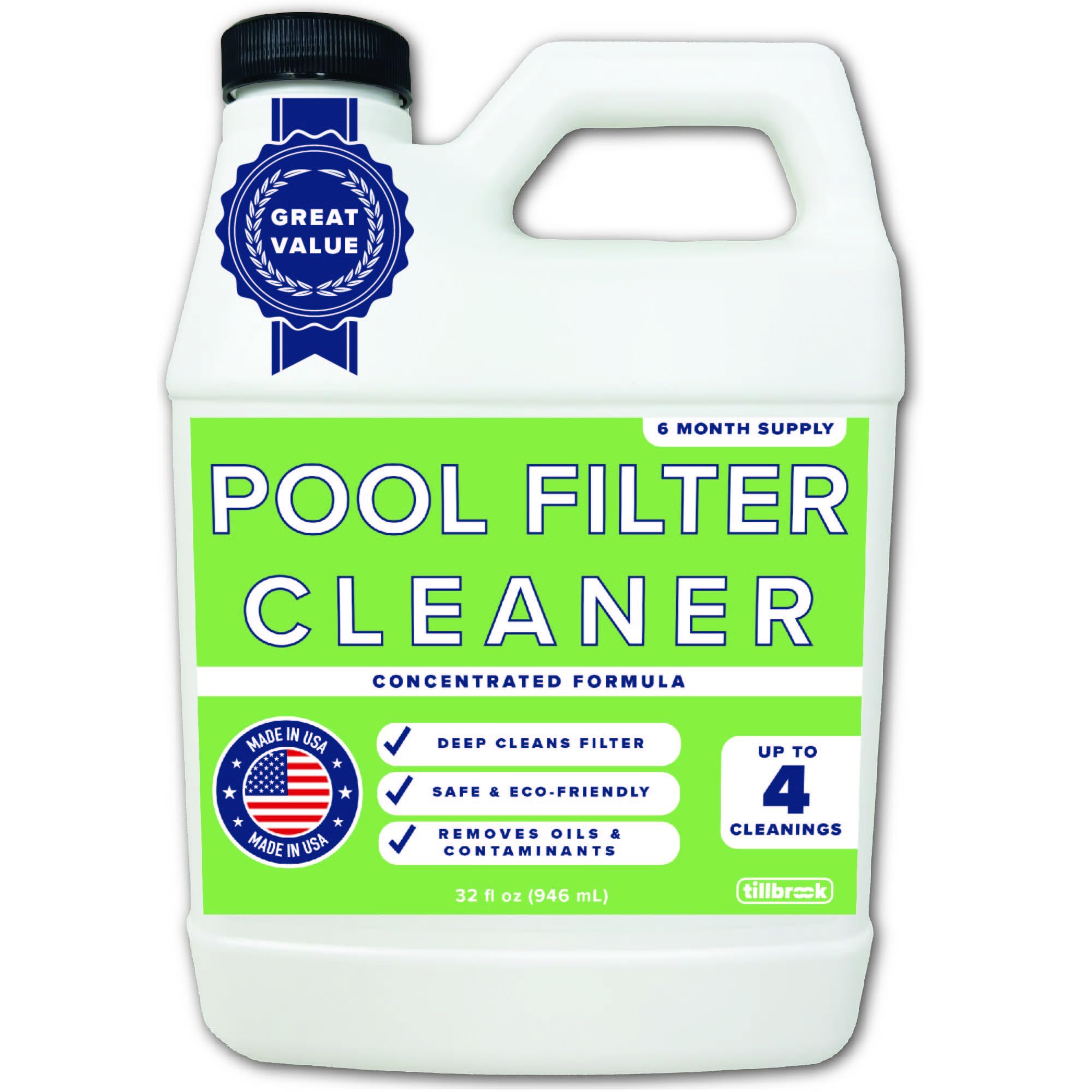 Tillbrook Pool Filter Cleaner bottle front for easy maintenance of filters