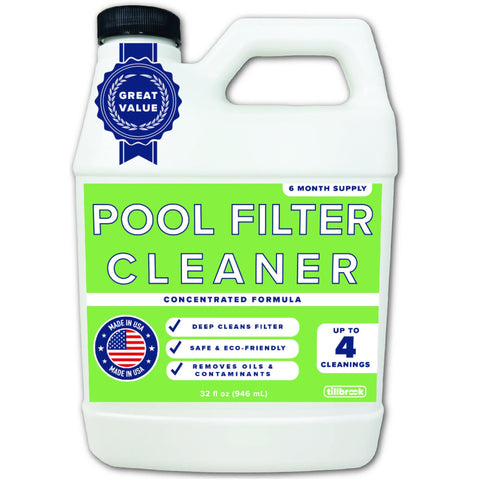 Tillbrook Pool Filter Cleaner bottle front for easy maintenance of filters
