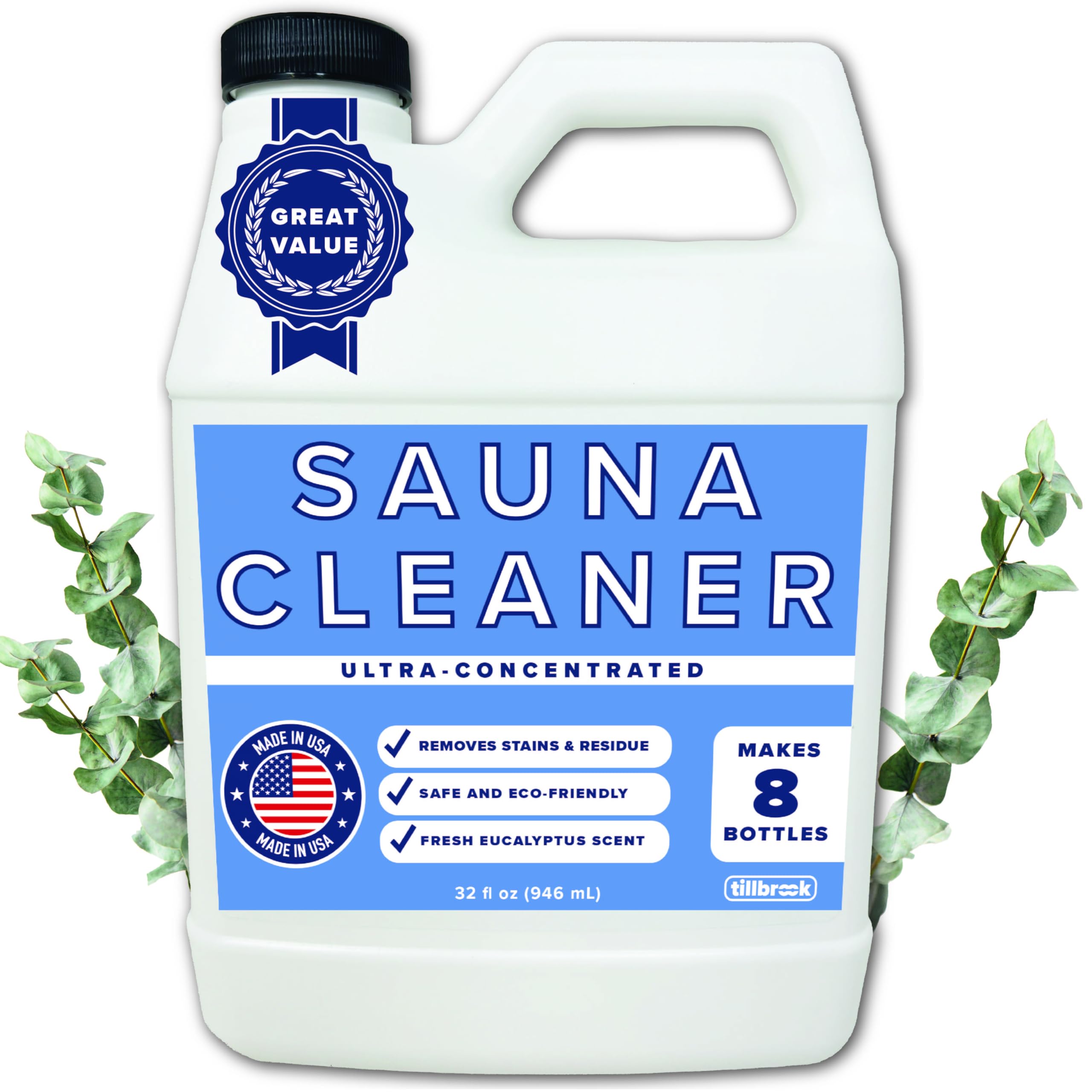 Tillbrook Sauna Cleaner bottle pour demonstrates easy dilution for quick, effective sauna cleaning