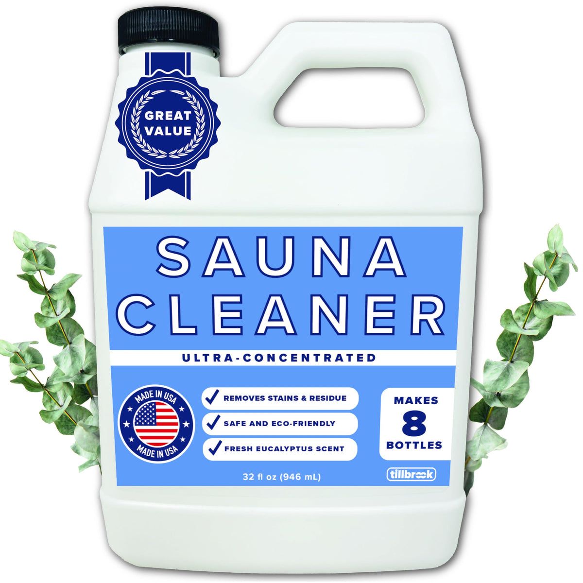Tillbrook Sauna Cleaner bottle pour demonstrates easy dilution for quick, effective sauna cleaning