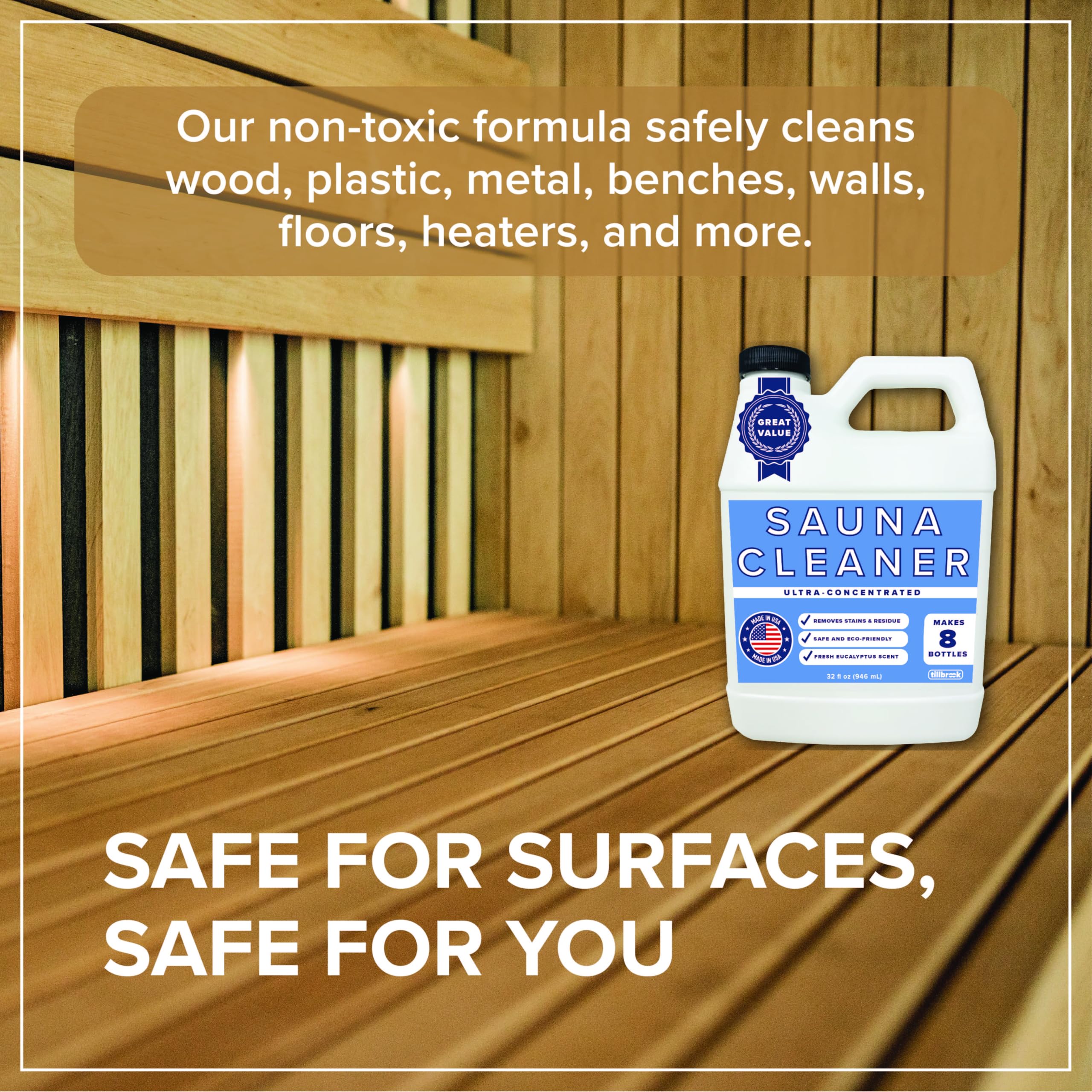 Tillbrook Sauna Cleaner no residue focus emphasizes no rinsing required