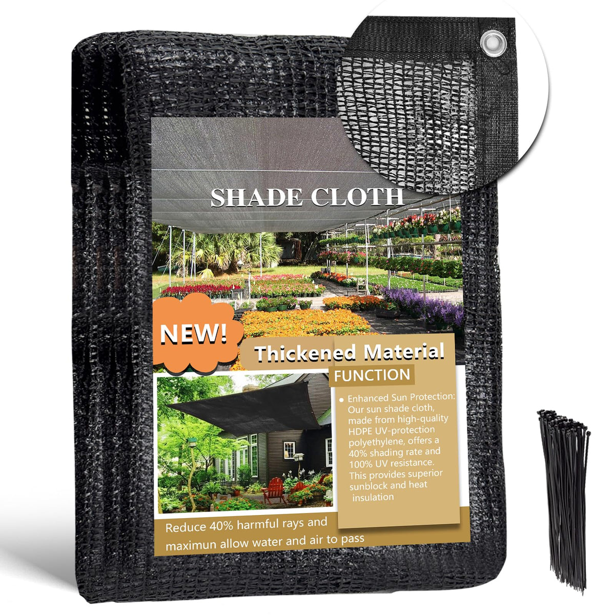 Tilvex 40% shade cloth side view showing reinforced edges and grommets for durability.