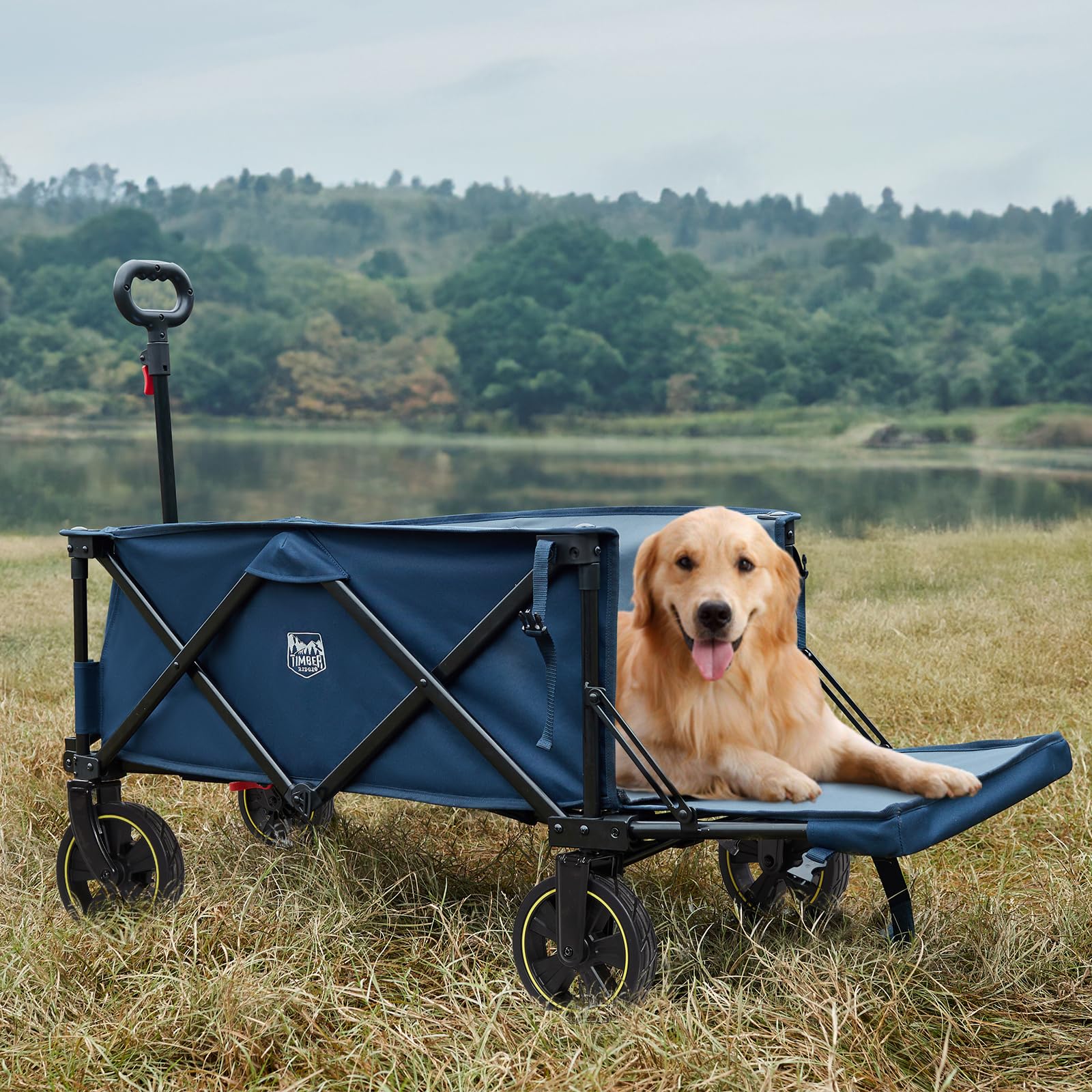 Timber Ridge 49-inch wagon tailgate with brakes demonstrates secure loading on uneven terrain