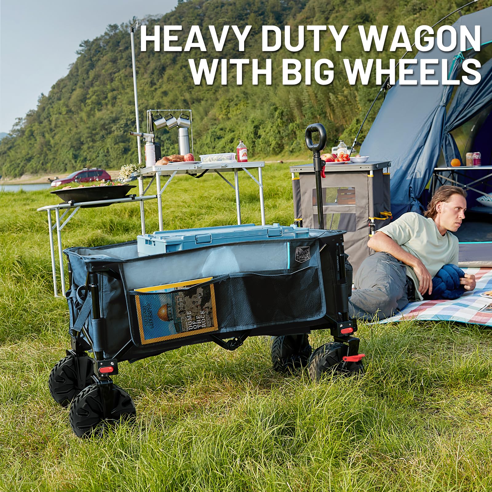 Timber Ridge blue collapsible wagon at the beach with sand-friendly design