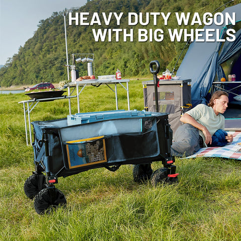 Timber Ridge blue collapsible wagon at the beach with sand-friendly design