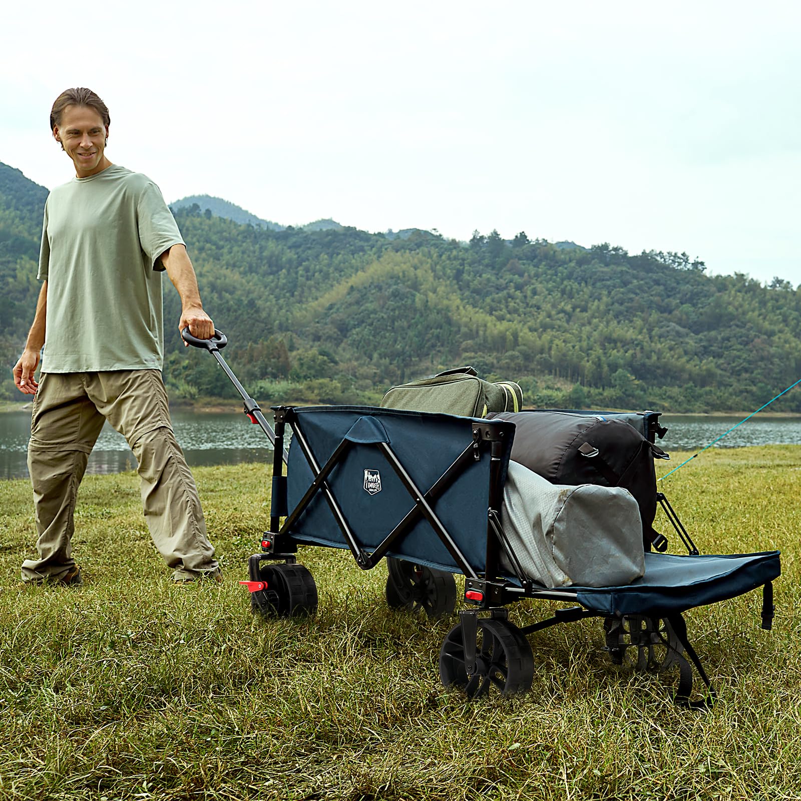 Timber Ridge wagon with brakes and large wheels for stable movement on sand.