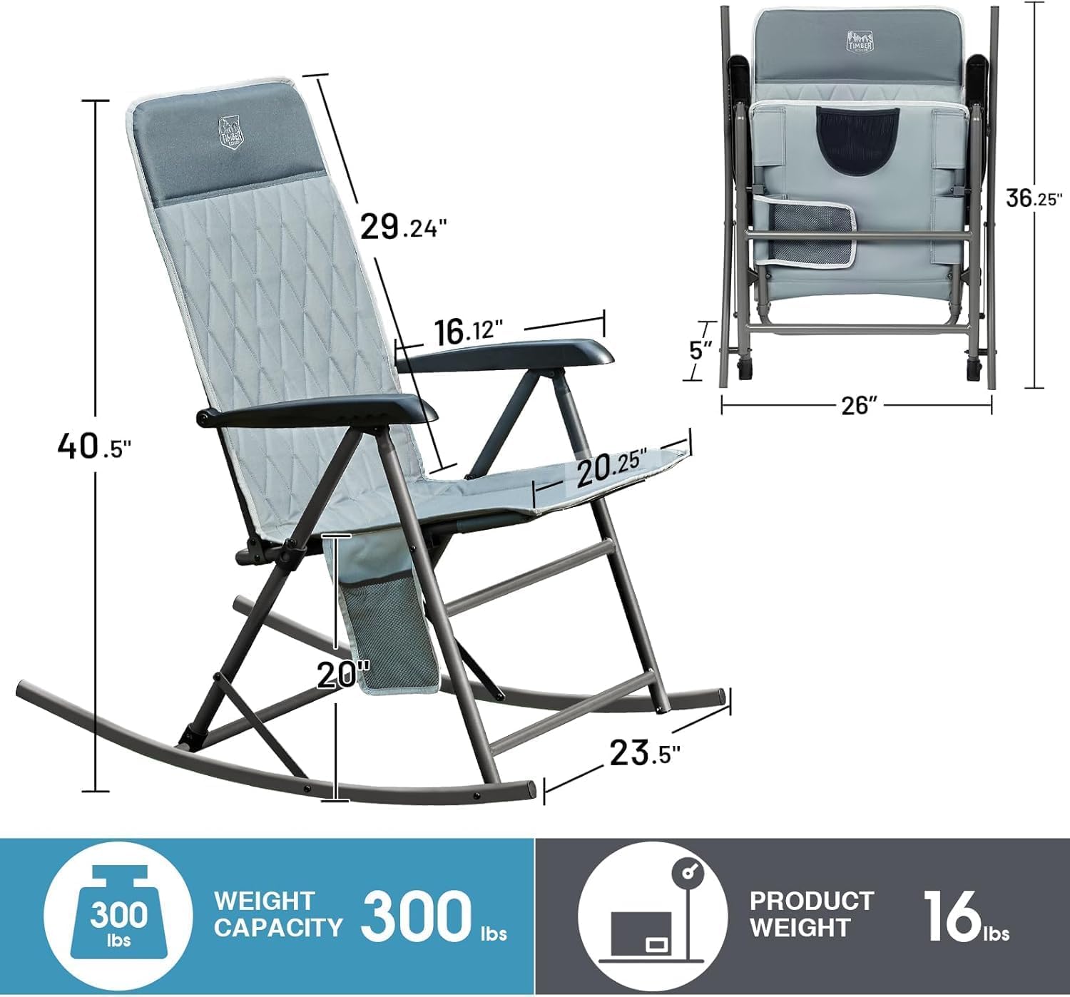 Timber Ridge rocking chair featuring a stable anti-tip triangular frame.